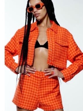 Zara 2pc Tweed Cropped Houndstooth Jacket in Bright Orange + Shorts
